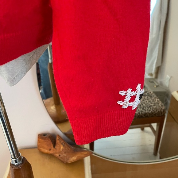 Vintage Red and Black Beaded Women's Sweater Silk Lined Angora Cardigan - Picture 6 of 7